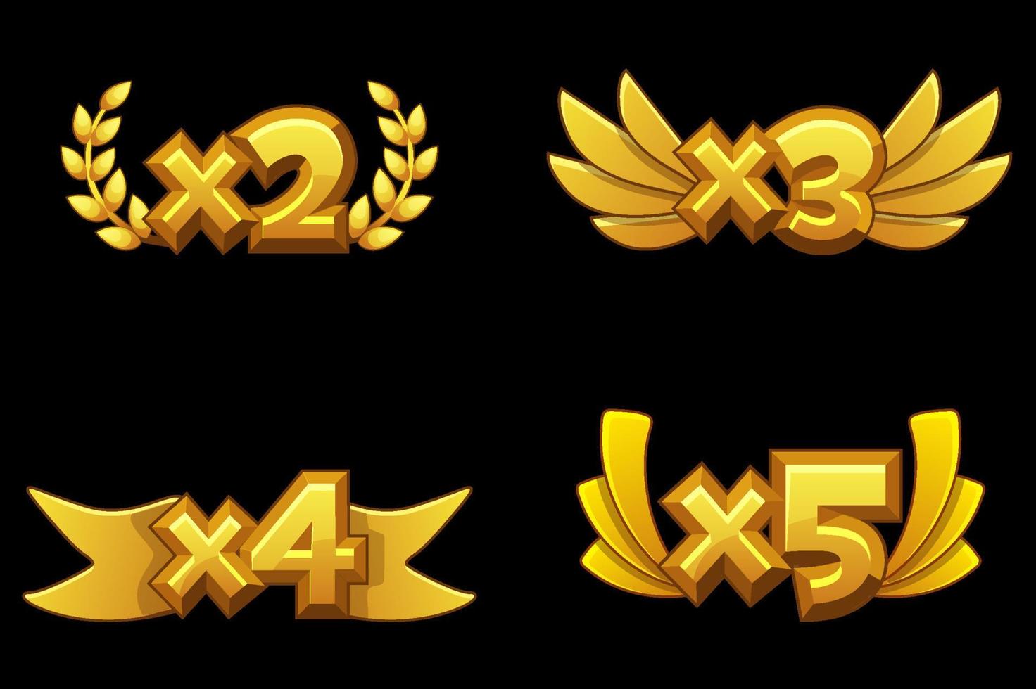 Set of bonuses of gold numbers with multiplication for the game. Golden signs with wreaths and ribbon for a win. vector