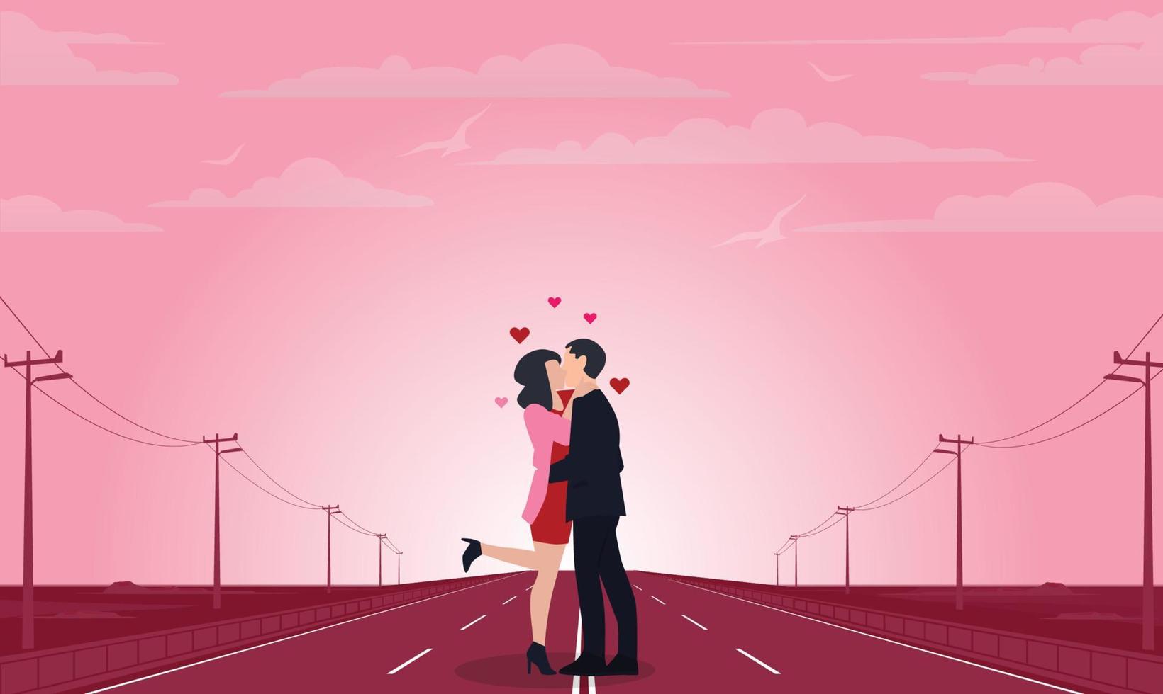 Happy valentine's day sweet couple in love hug and kiss on the romantic road. vector