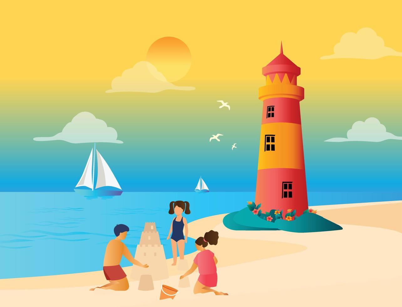 una ilustración vectorial de niños felices jugando en la playa vector