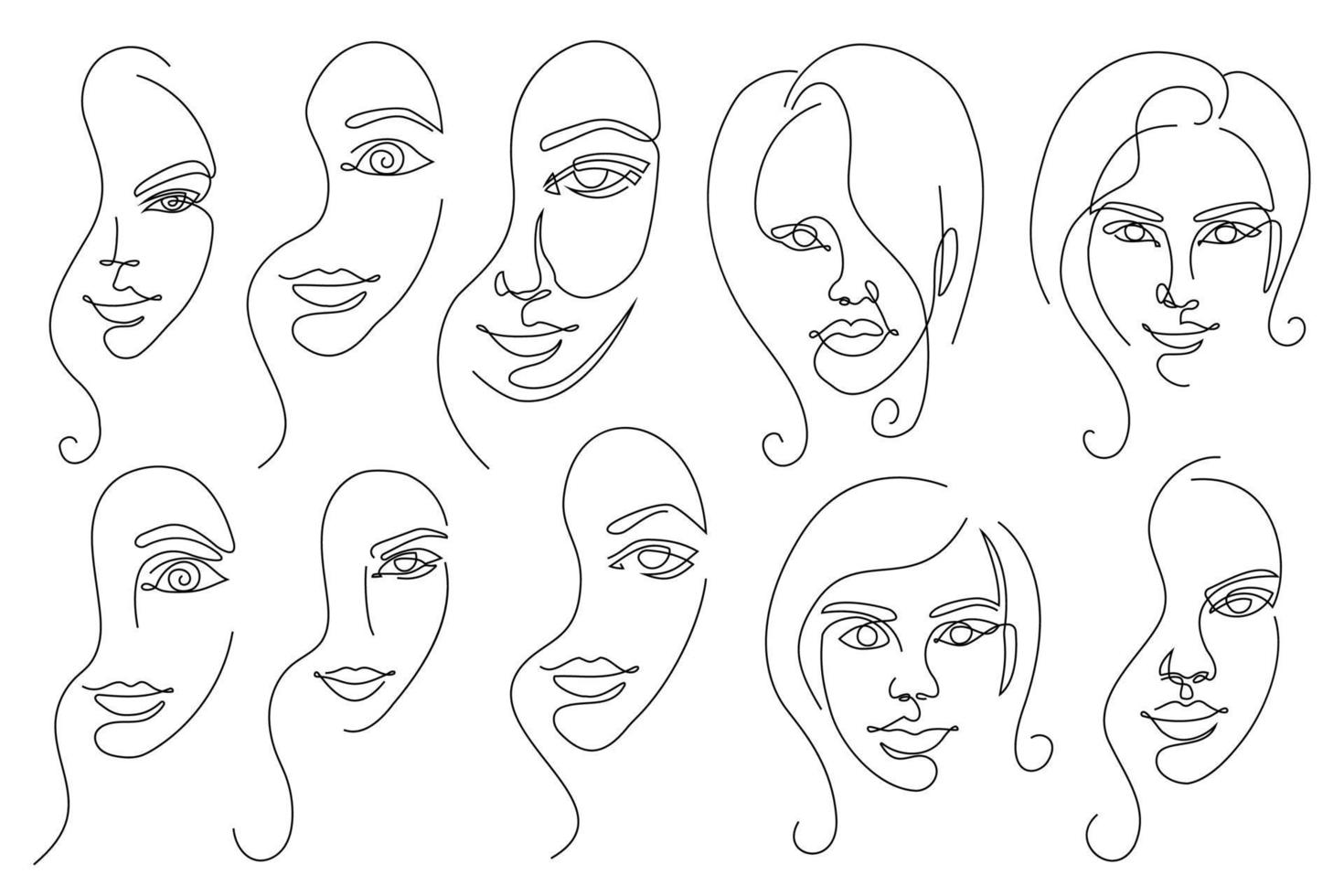 cara de mujer de arte de línea vectorial. conjunto de ilustración de rostro femenino de contorno delgado negro. colección de retratos de mujeres. ilustración simple de una línea. dibujo de un solo contorno. vector