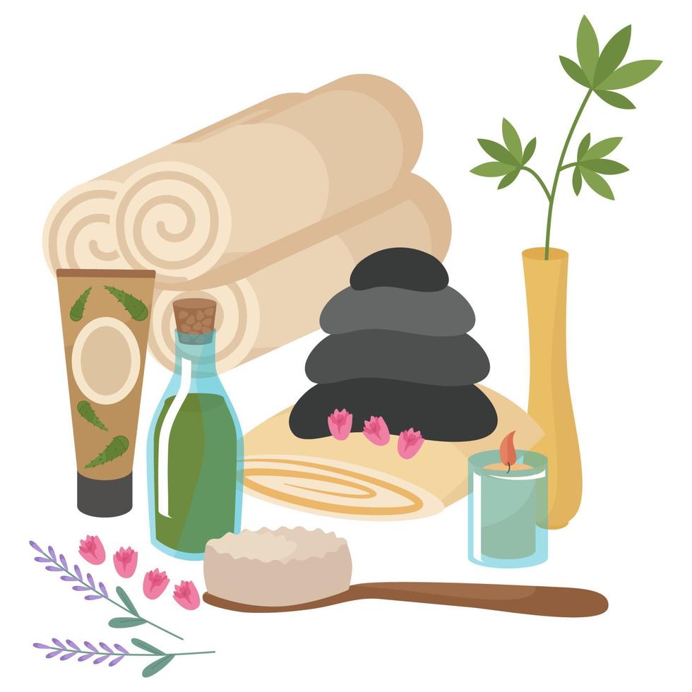 Clipart for spa treatments for face and body. Towels, cosmetics, dried flowers cream with aloe for skin care. Candle, brush, oil, lotion in jars and tubes. Vector illustration isolated.