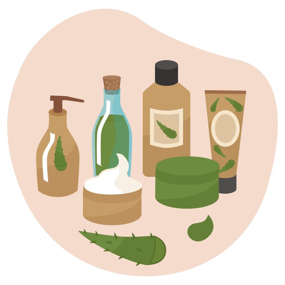 set de cosméticos con aloe para el cuidado de la piel. crema, jabón, aceite, loción, parches en frascos y tubos. ilustración vectorial aislada. imágenes prediseñadas para tratamientos de spa para la cara y el cuerpo. vector