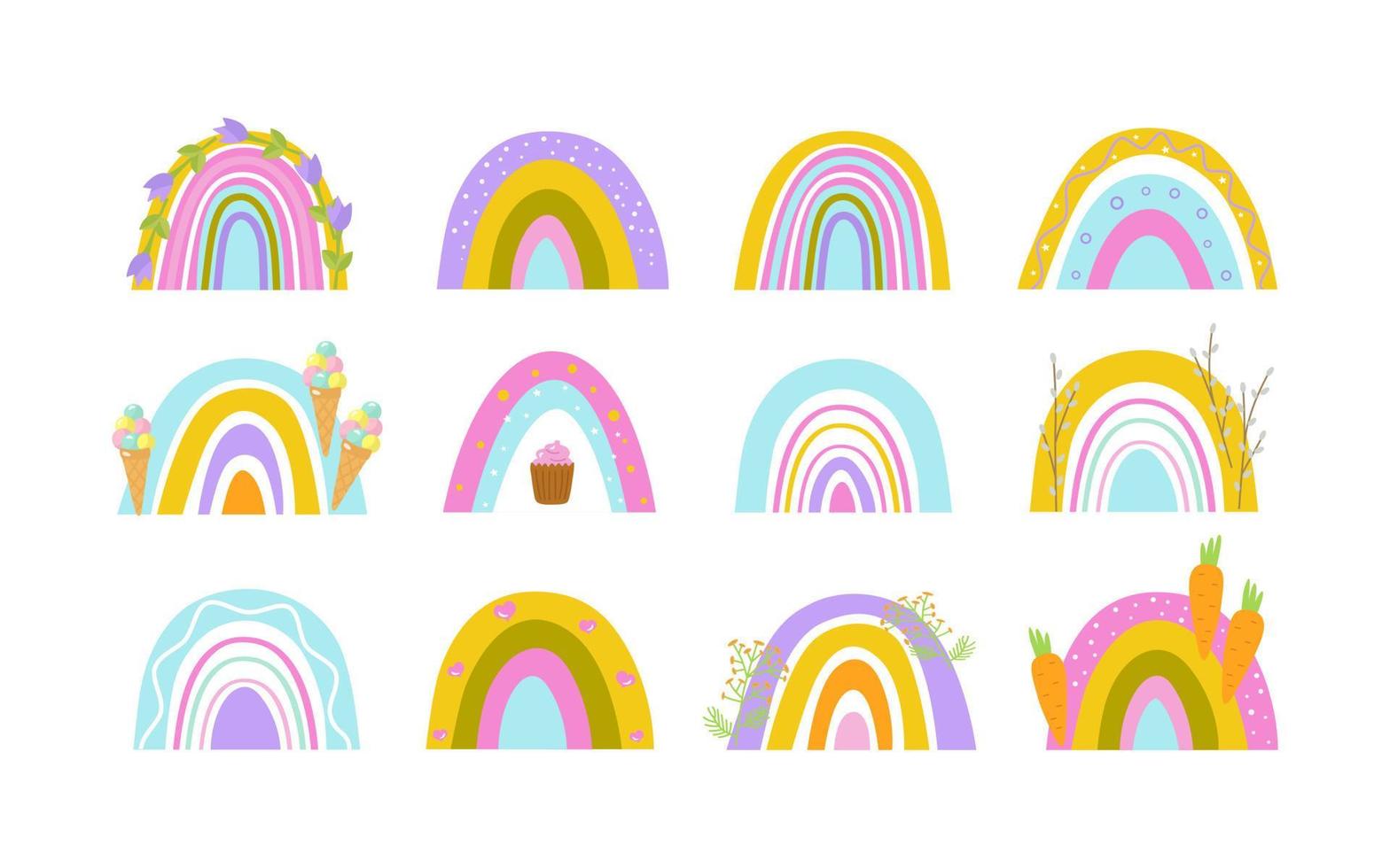 Set of bright spring rainbows decorated with flowers, carrots, ice cream, cake. Design for children, postcards, printing on paper or fabric. Vector illustration isolated.