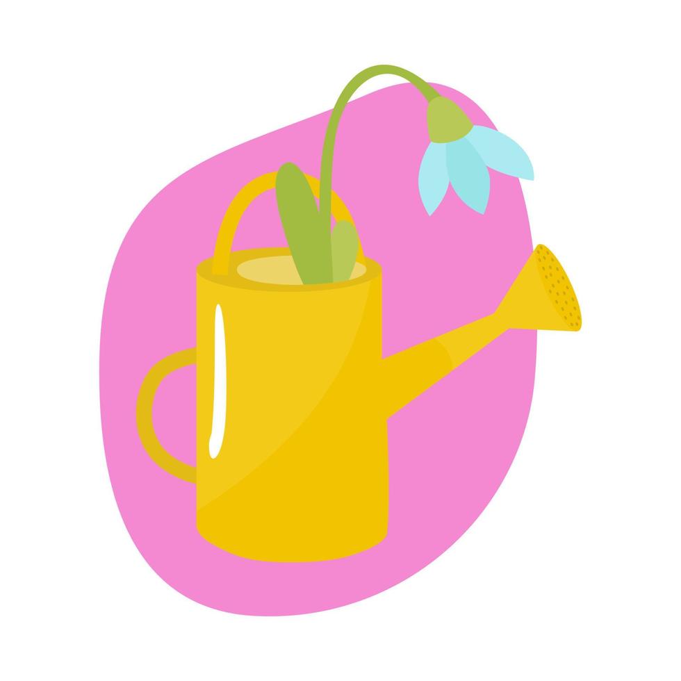 Spring flower of blue color in a vase watering can. Vector illustration for design, printing on paper or fabric. Isolated.