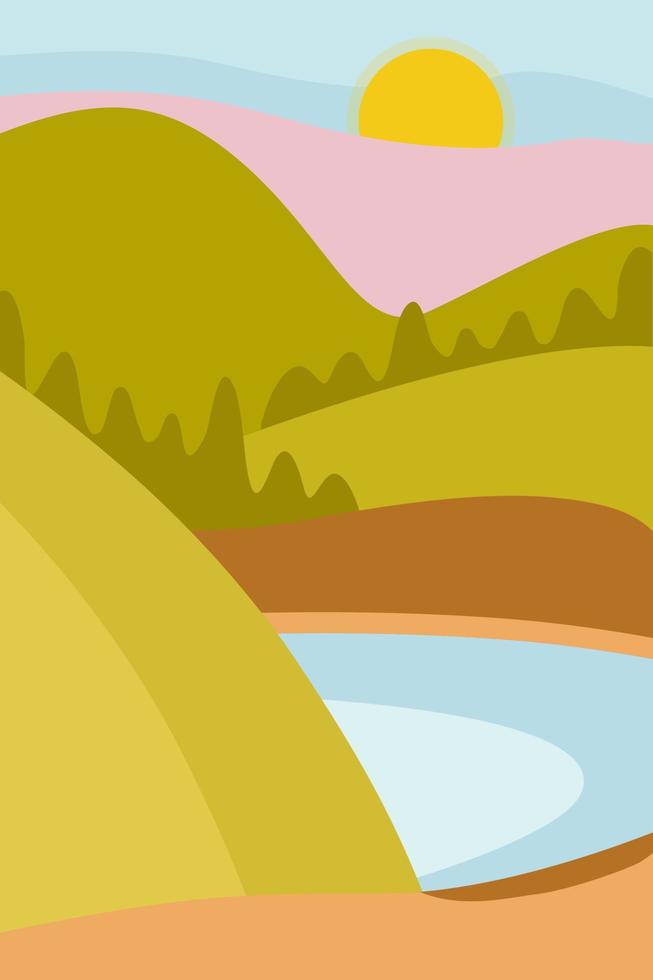 Abstract minimalistic poster. Spring, pink sunrise, sun, mountains, forest and river. Vector illustration for printing on paper, fabric.