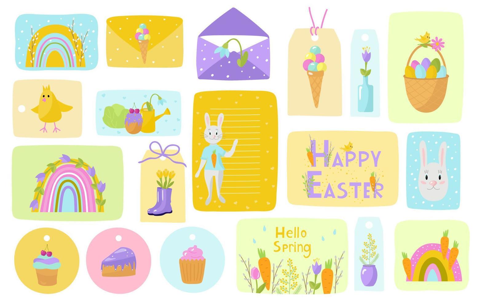 Tags and labels, envelopes spring Happy Easter. With rabbits, chickens, rainbows, ice cream, rubber boots, cake. Design for children, postcards, printing on paper or fabric. vector
