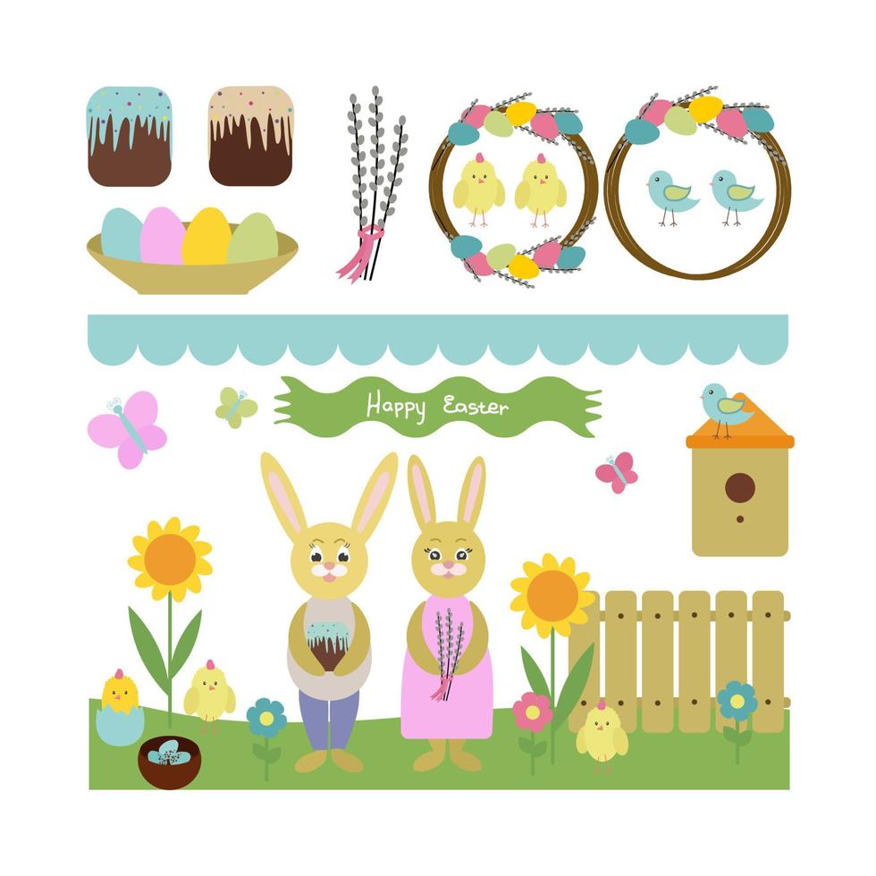 Set of Easter elements for design. Rabbits, painted eggs, cakes, birds, spring wreaths, willow, flowers. For greeting cards and invitations. Vector illustration.