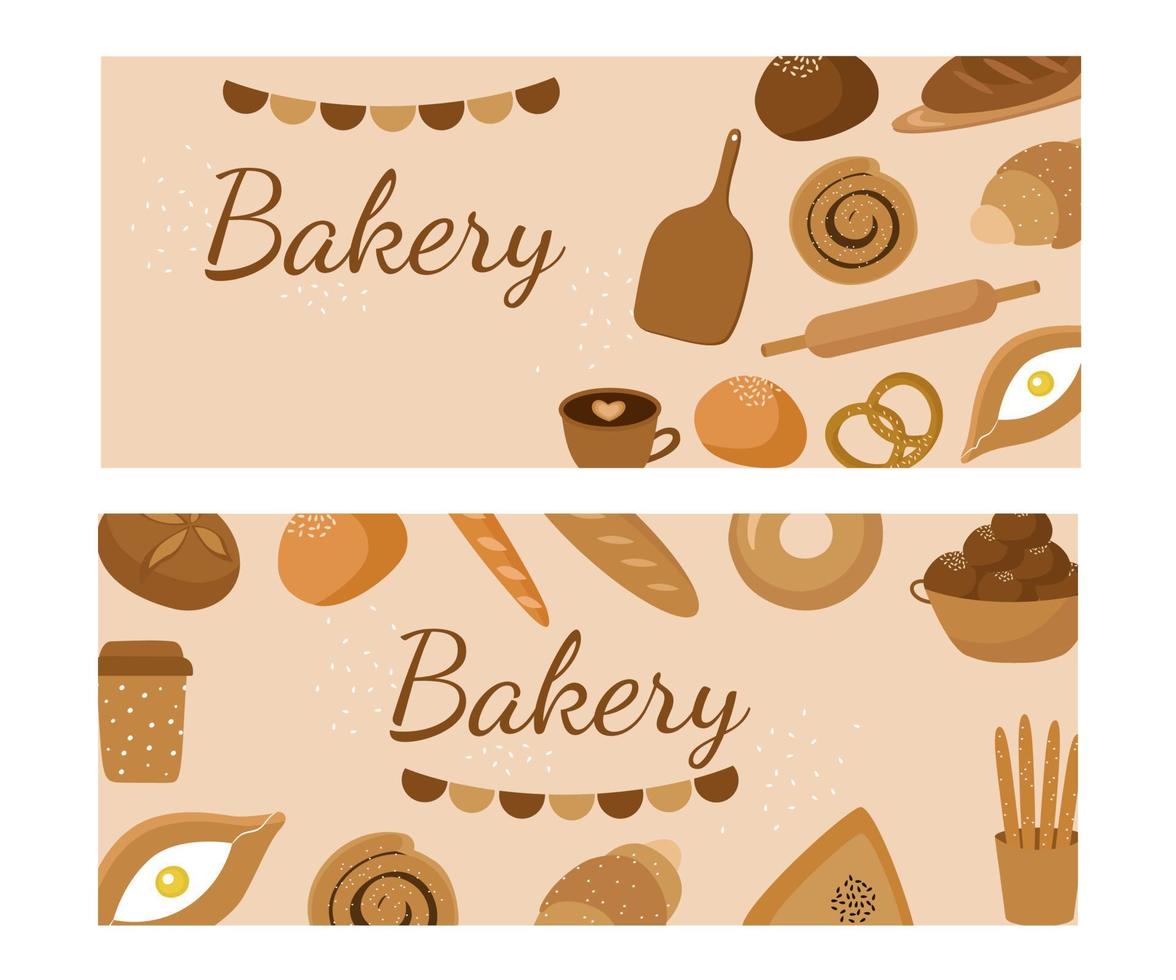 pancarta de panadería, volante, afiche. pasteles, pan y productos de confitería, bollos, baguette, pan, croissant, pastel, khachapuri. Una pegatina. la ilustración vectorial está aislada. vector