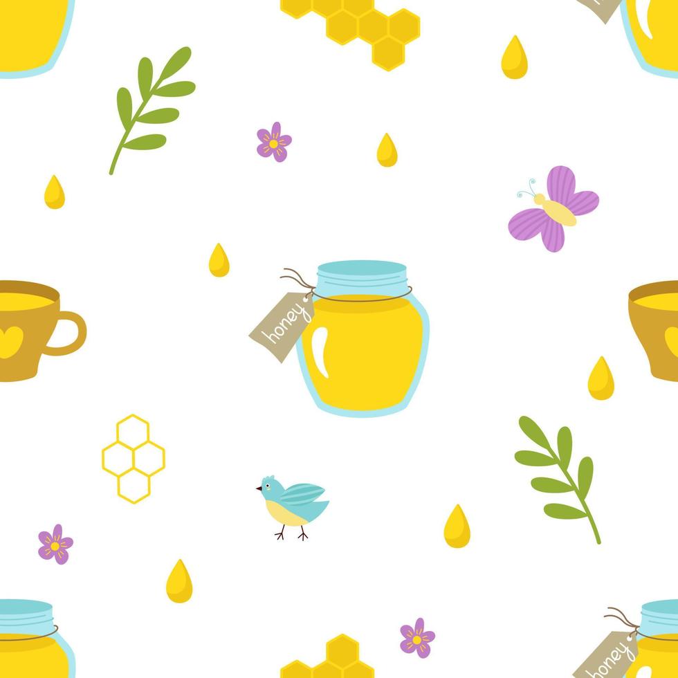 Seamless pattern with honey jars, mugs, flowers, honeycombs. Vector illustration. For background, printing on paper or fabric, design or decor