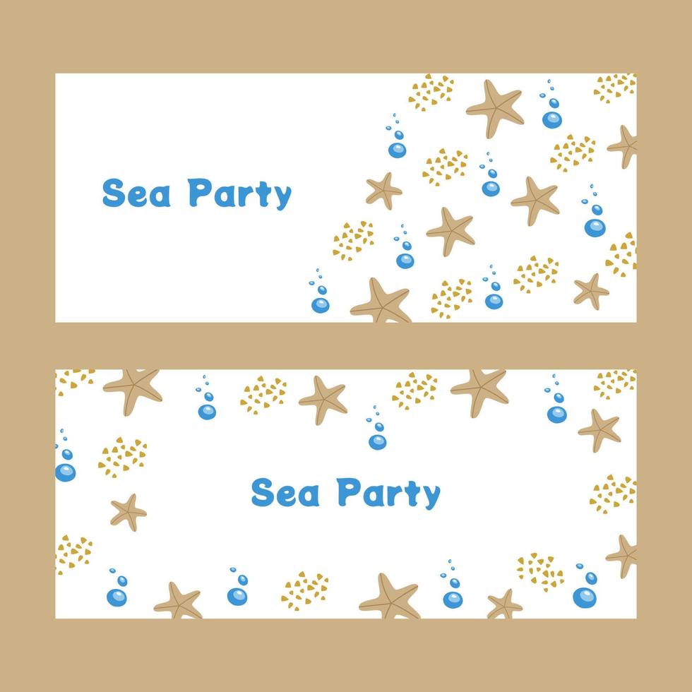 Flyers with starfish, invertebrate inhabitants of the underwater world. In beige-blue color. Vector illustration isolated. For decoration, printing on paper, banner, poster.