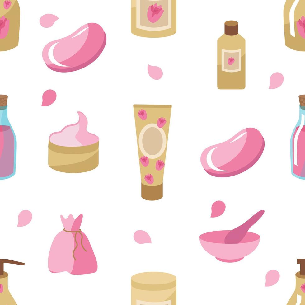 Seamless pattern of cosmetics with a rose for skin care. Cream, soap, oil, lotion, petals. Vector. Clipart for spa treatments for face and body. For printing on paper or fabric vector