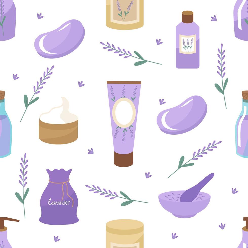 Seamless pattern of cosmetics with lavender for skin care. Cream, soap, oil, lotion. Vector. Clipart for spa treatments for face and body. For printing on paper or fabric vector