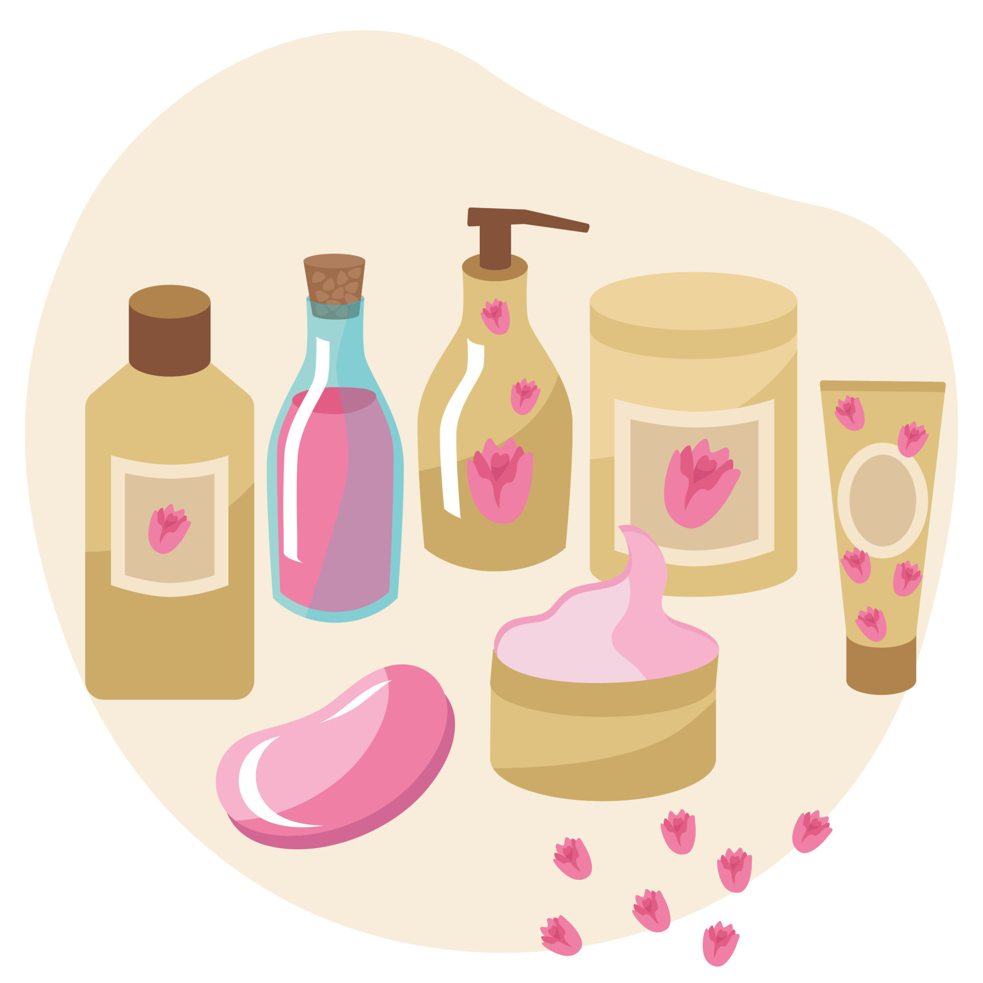 Cosmetics set with a rose for skin care. Cream, soap, oil, lotion in 