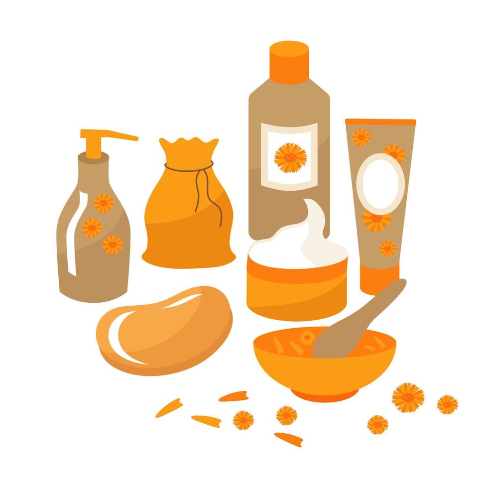 un conjunto de cosméticos con caléndula para el cuidado de la piel, tratamientos de spa para cara y cuerpo. crema, jabón, loción en frascos y tubos. ilustración vectorial para etiquetas, pancartas, anuncios vector