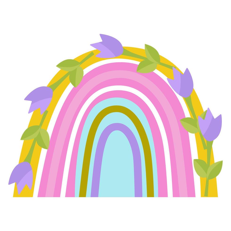 arco iris de primavera, decorado con flores, color lila... diseño para niños, postales, impresión en papel o tela. ilustración vectorial aislada. vector