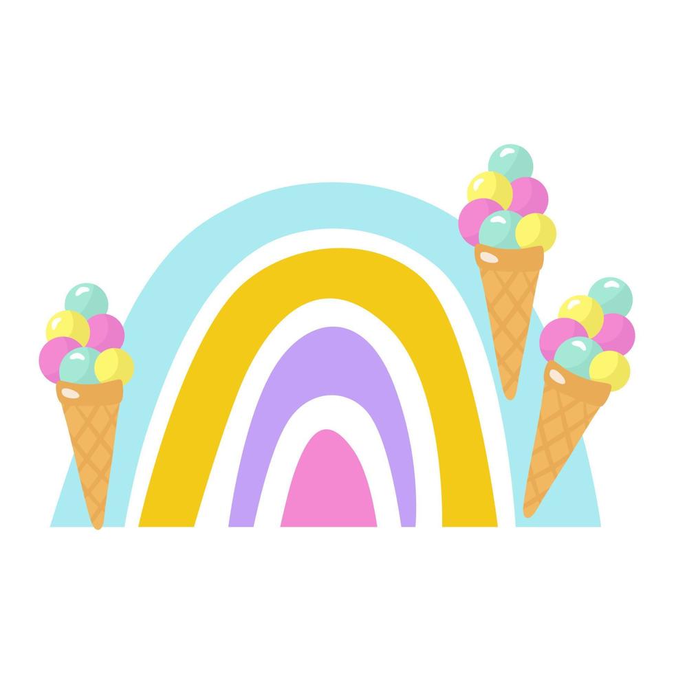 Spring rainbow, decorated with colorful ice cream in a waffle cone. Design for children, postcards, printing on paper or fabric. Vector illustration isolated.