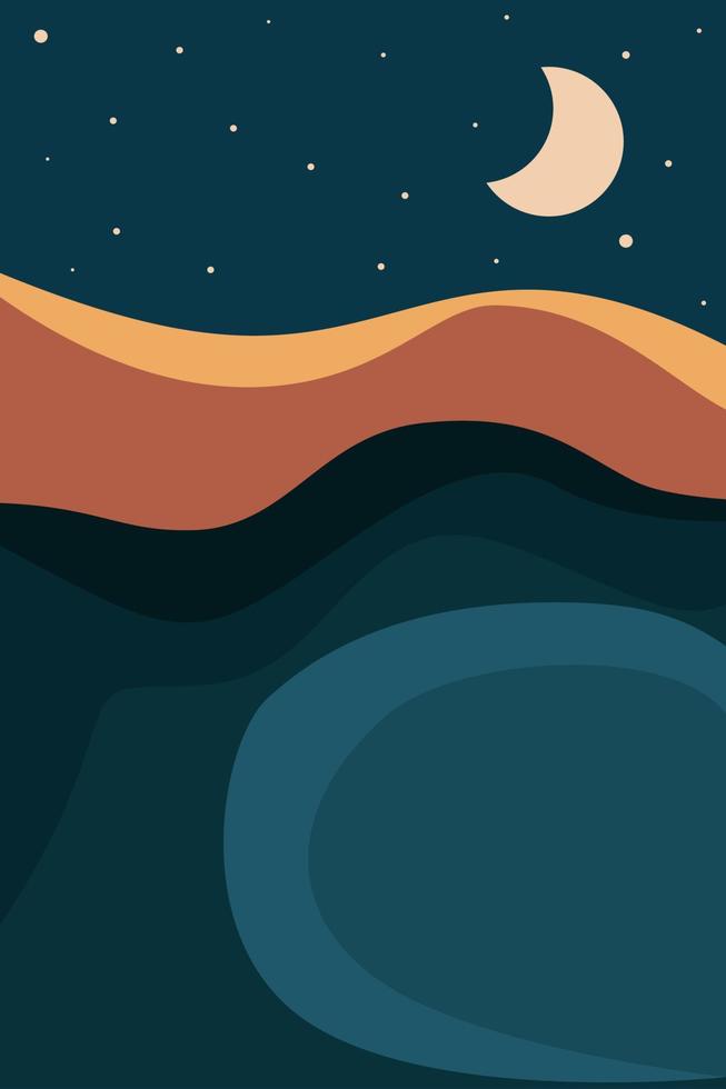 Abstract minimalistic poster. Night, moon, crescent, stars, mountains, river. Vector illustration for printing on paper, fabric.