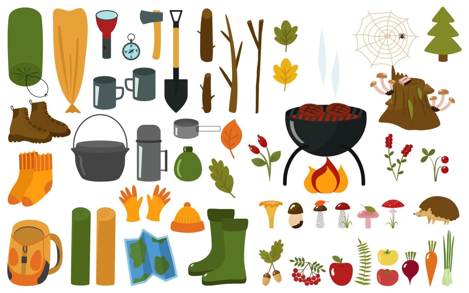 Camping and set of elements for a hike. Tent, sleeping bag, thermos, flashlight,  backpack, bowler hat, shoes, mugs, shovel, map, mushrooms and berries. Vector illustration