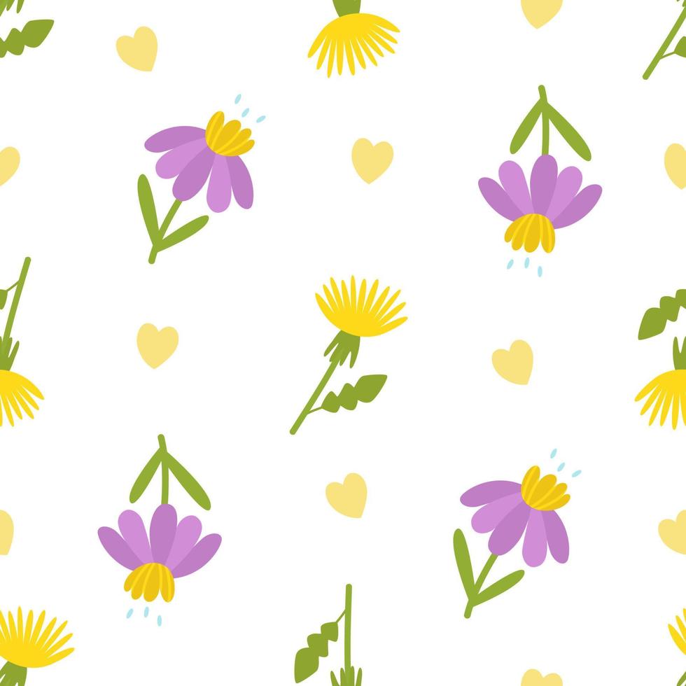 patrón impecable con dientes de león amarillos y flores lilas. ilustración vectorial botánica. para fondo, impresión en papel o tela, diseño o decoración vector