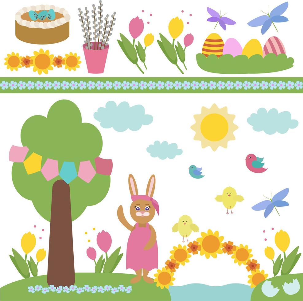 Set of Easter elements for design. Rabbit, painted eggs, chickens, dragonflies, clouds, sun, cakes, birds, spring wreaths, willows, flowers. For greeting cards and invitations. Vector illustration.