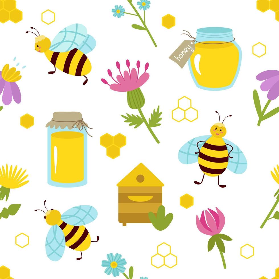 patrón impecable con abejas y miel, colmena, flores, panales. ilustración vectorial para fondo, impresión en papel o tela, diseño o decoración vector