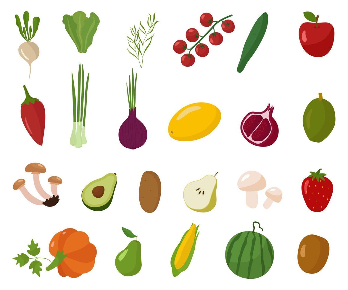 verduras y frutas, un conjunto de comida vegetariana saludable. ilustración vectorial aislada en un fondo blanco. una colorida colección de imágenes prediseñadas de granja vector