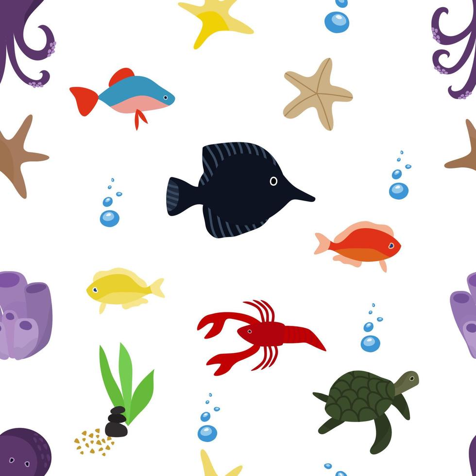 Seamless pattern with the inhabitants of the underwater world. Marine life, octopus, turtle, flounder, shells, fish, algae, corals. Vector illustration. For the decoration of the nursery.