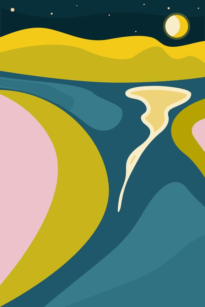 Abstract minimalistic poster. Night, moon, stars, mountains, forest, river, reflection in the water. Vector illustration for printing on paper, fabric.