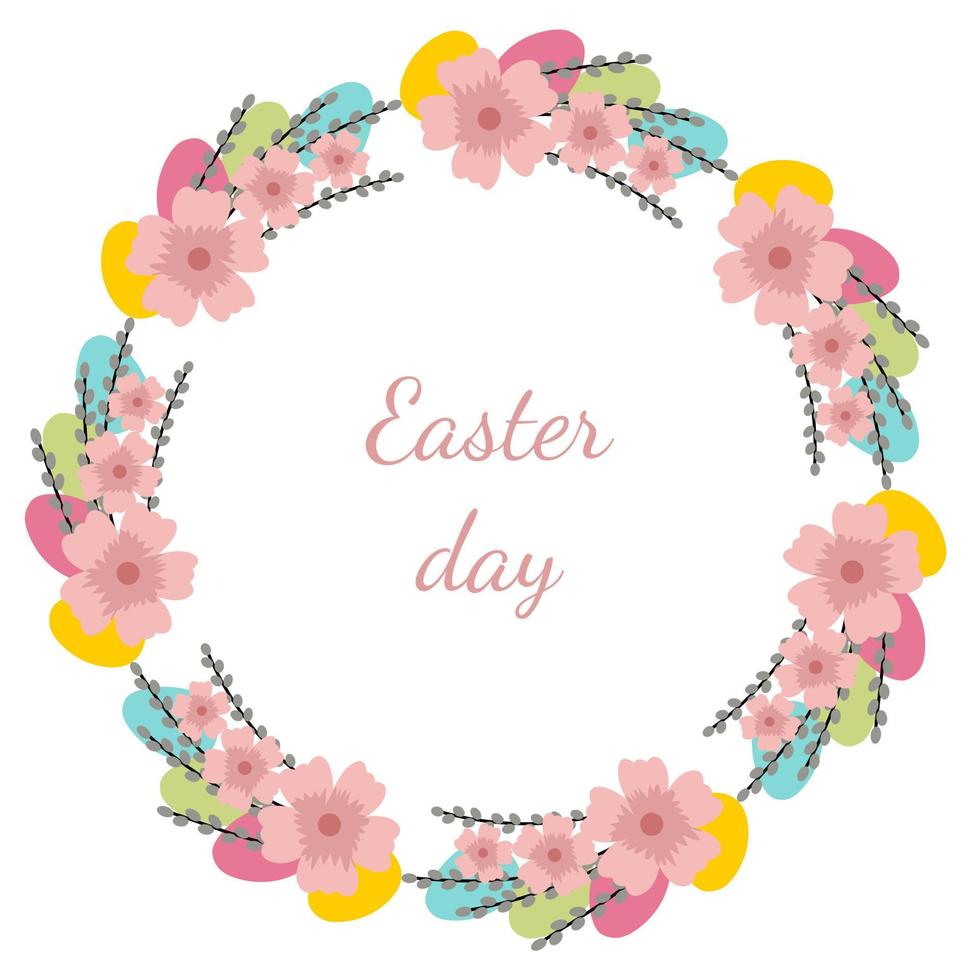 A floral wreath for the Easter theme. Willow, eggs and soft pink flowers. Design for invitations and greeting cards. vector
