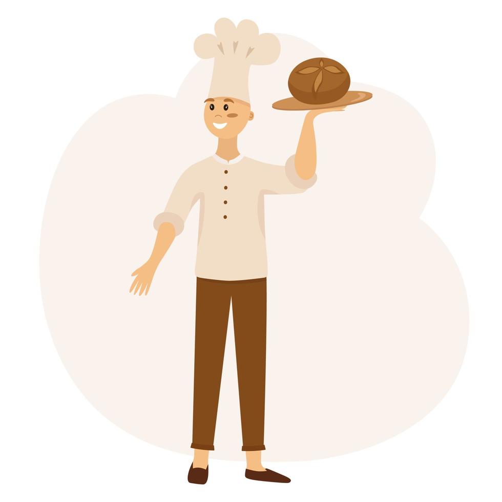 un panadero sostiene pan recién horneado en sus manos. ilustración vectorial aislada. para decoración, afiche, postal. vector
