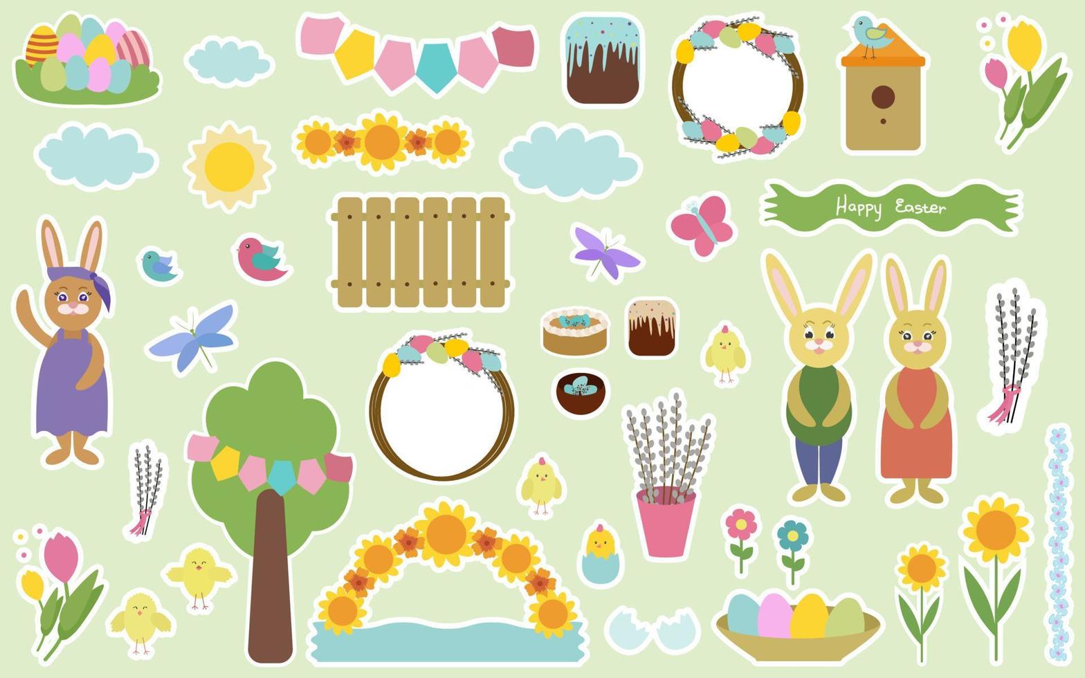 Set of Easter elements for design. Rabbit, painted eggs, chickens, dragonflies, clouds, sun, cakes, birds, spring wreaths, willows, flowers. For greeting cards and invitations. Vector illustration.
