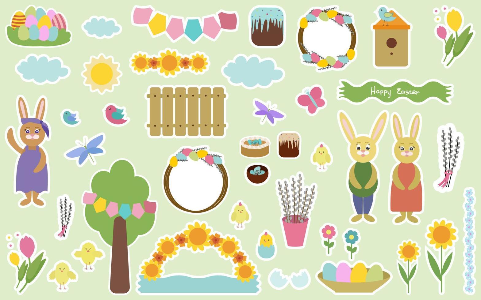 conjunto de elementos de pascua para el diseño. conejo, huevos pintados, gallinas, libélulas, nubes, sol, pasteles, pájaros, coronas de primavera, sauces, flores. para tarjetas de felicitación e invitaciones. ilustración vectorial vector