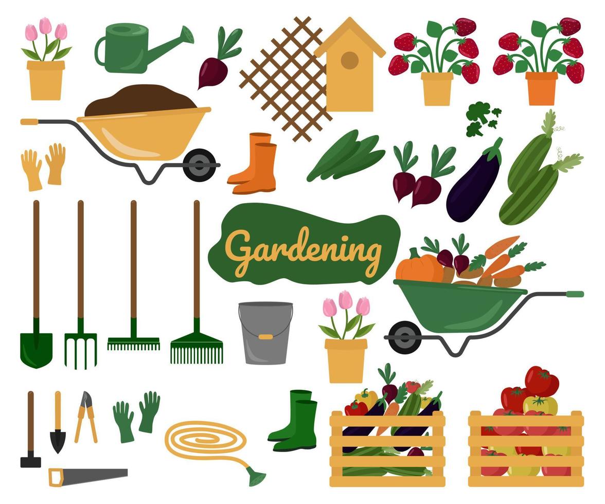 un conjunto de elementos sobre el tema de la jardinería. herramientas, cosecha, zapatos, verduras, flores. conjunto de elementos vectoriales. vector