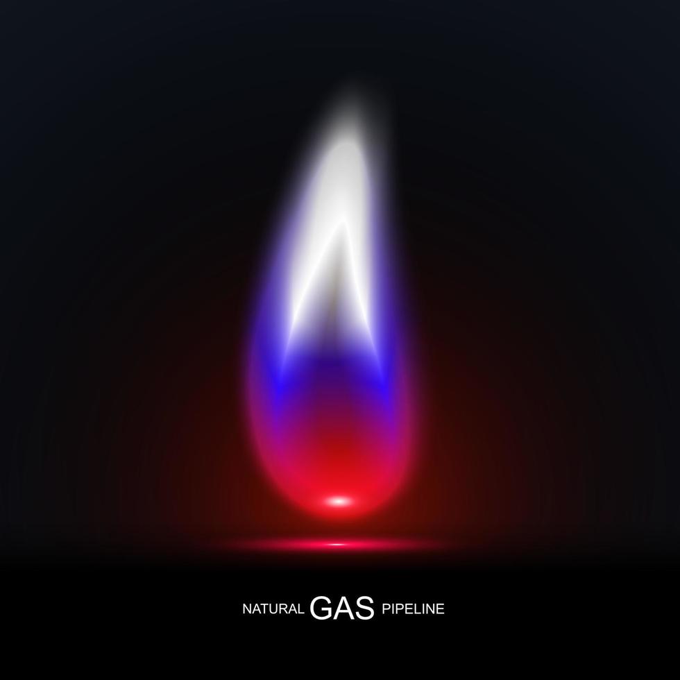 Tricolor gas flame, flag of Russia. White, blue and red colors. Clean gas pipeline from Nord Stream. Close-up. 3d realistic vector illustration.