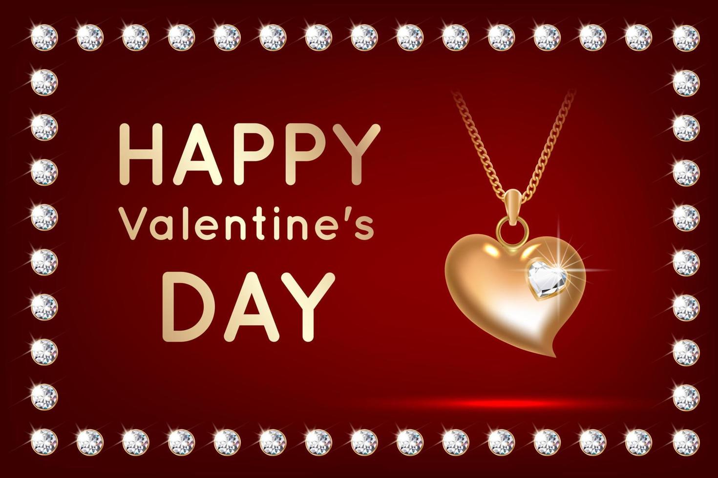 Banner with a pendant in the shape of a golden heart. Valentine s Day gift. A beautiful decoration. Expensive necklace. Framed with sparkling stones. On a red background. 3D realistic. Vector. vector