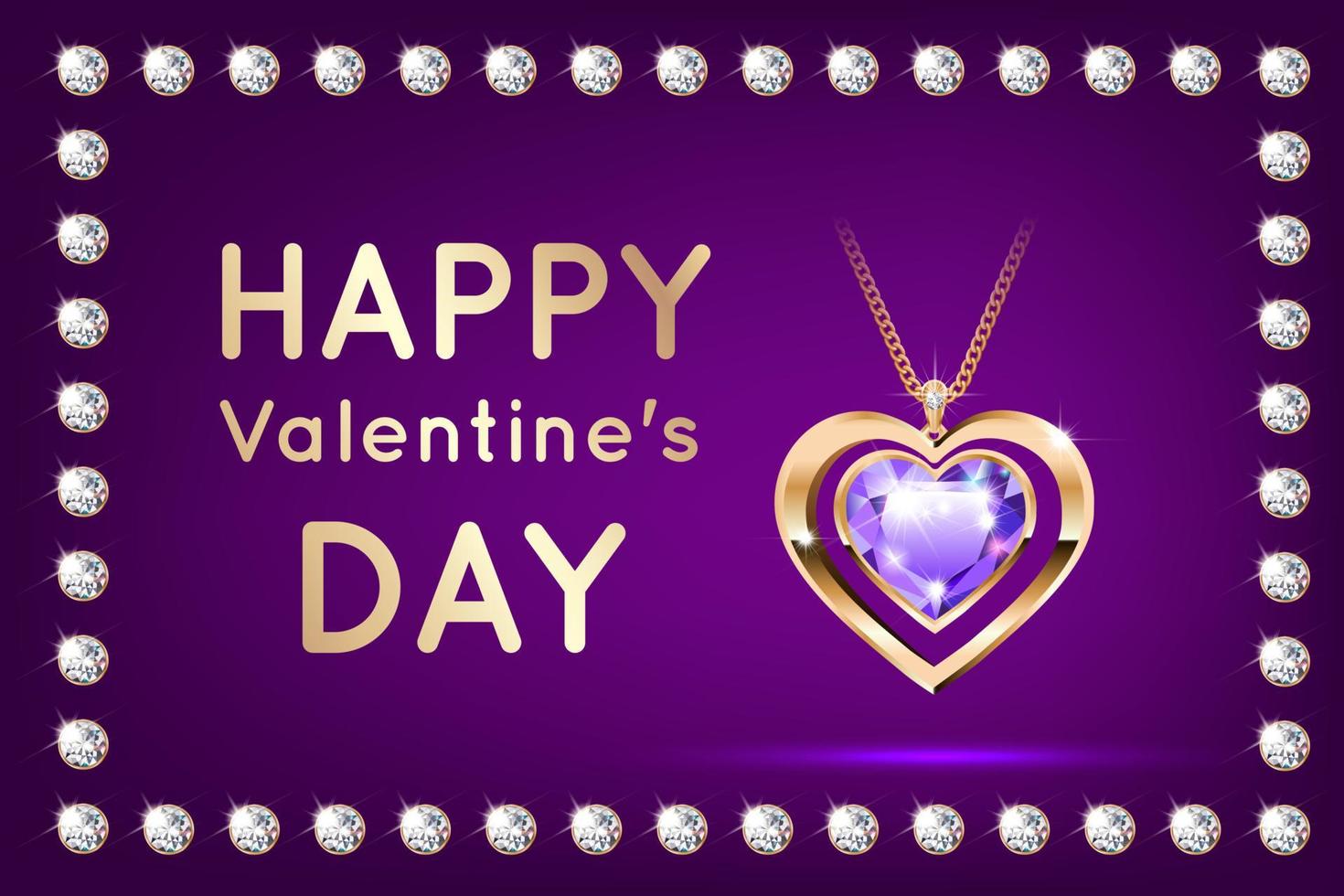 Banner with a pendant in the shape of a heart with a purple stone. Valentine s Day gift. A beautiful decoration. Expensive necklace. Framed with sparkling stones. On a red background. Vector. vector