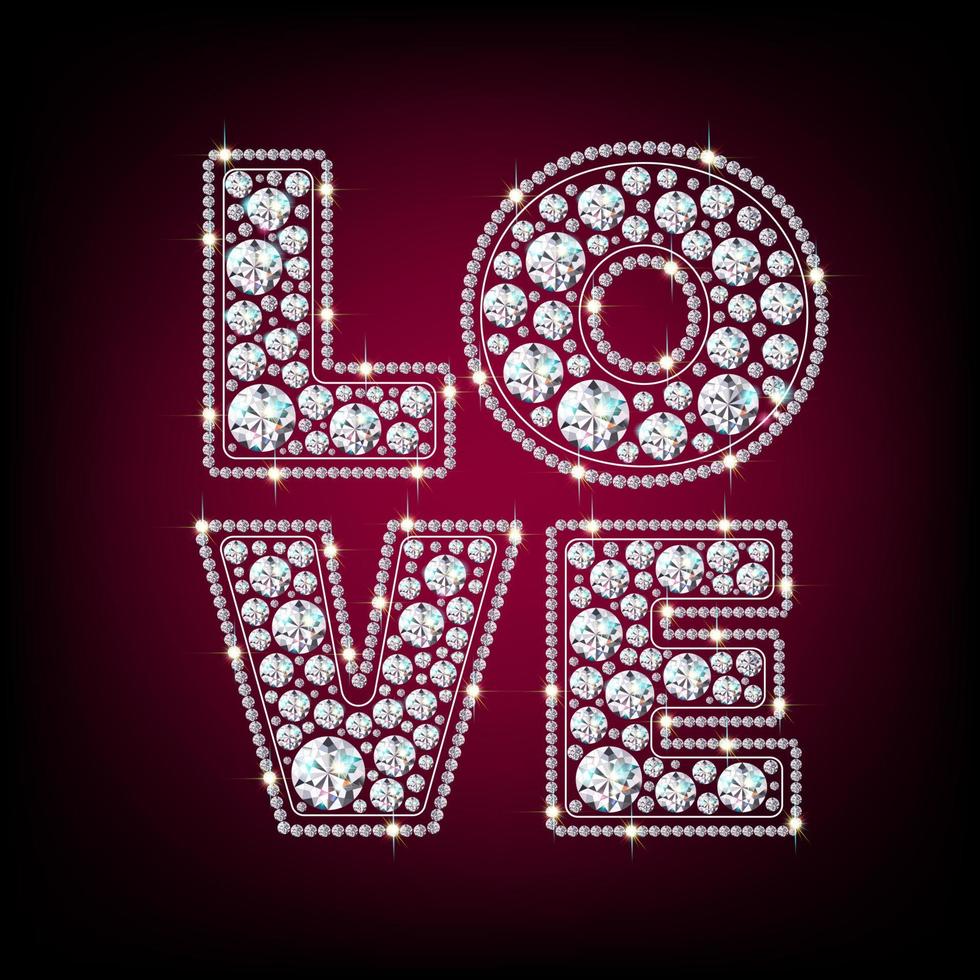 Banner with the word Love. Jewelry letters from sparkling diamonds. Banner for Valentine's Day and Women's Day. Greeting card. 3D realistic style on a red background. Vector. vector
