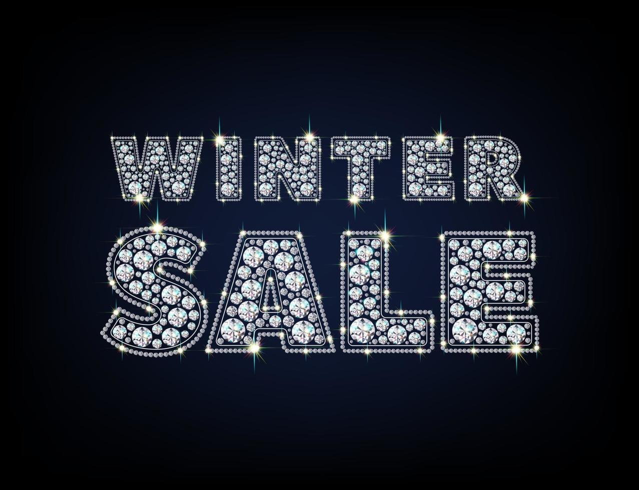 Banner winter sale jewelry. Words are made of precious stones - sparkling diamonds. Realistic illustration. On a black background. Vector
