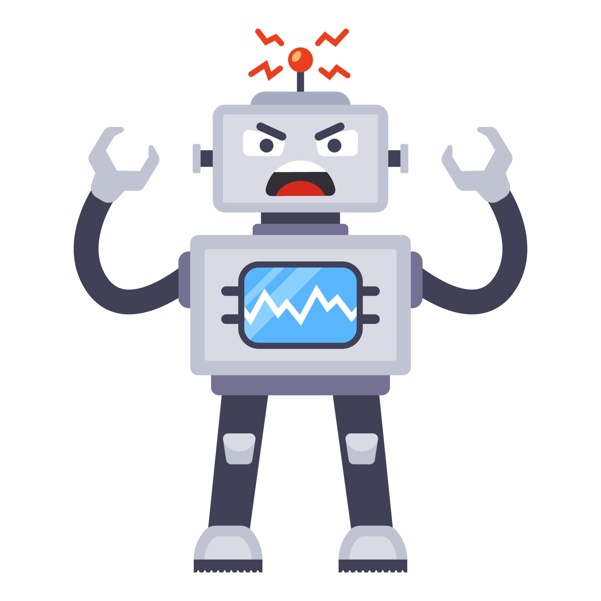 full length broken evil metal robot. killer. flat vector