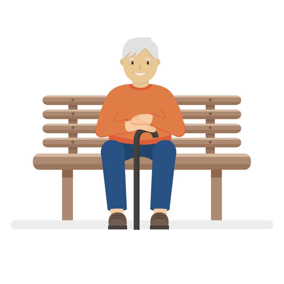 Smiling old man sitting on a bench. Vector illustration of a man with a cane. Isolated on white background.