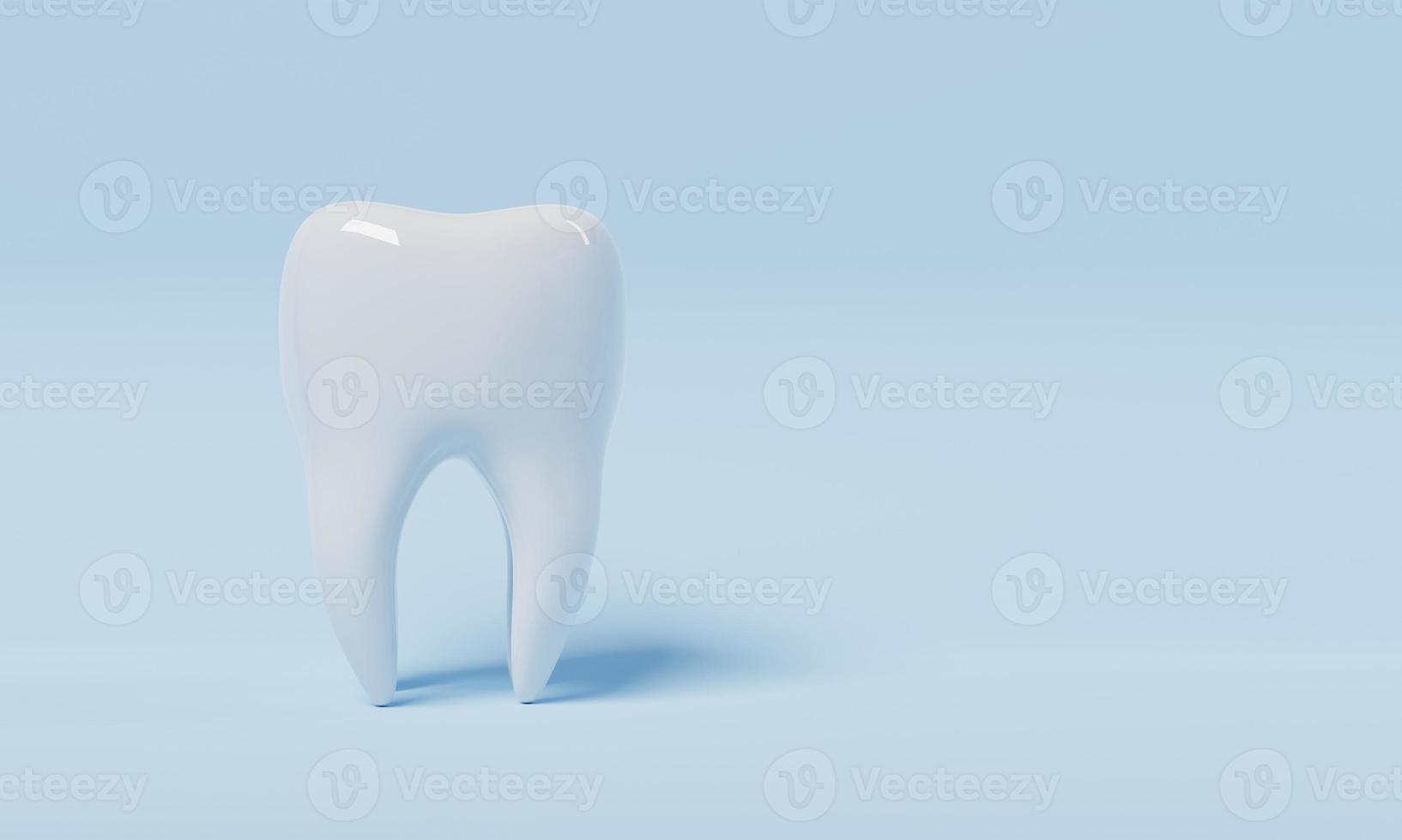Tooth on blue background with copy space. Dental and Health care concept. 3D illustration rendering photo