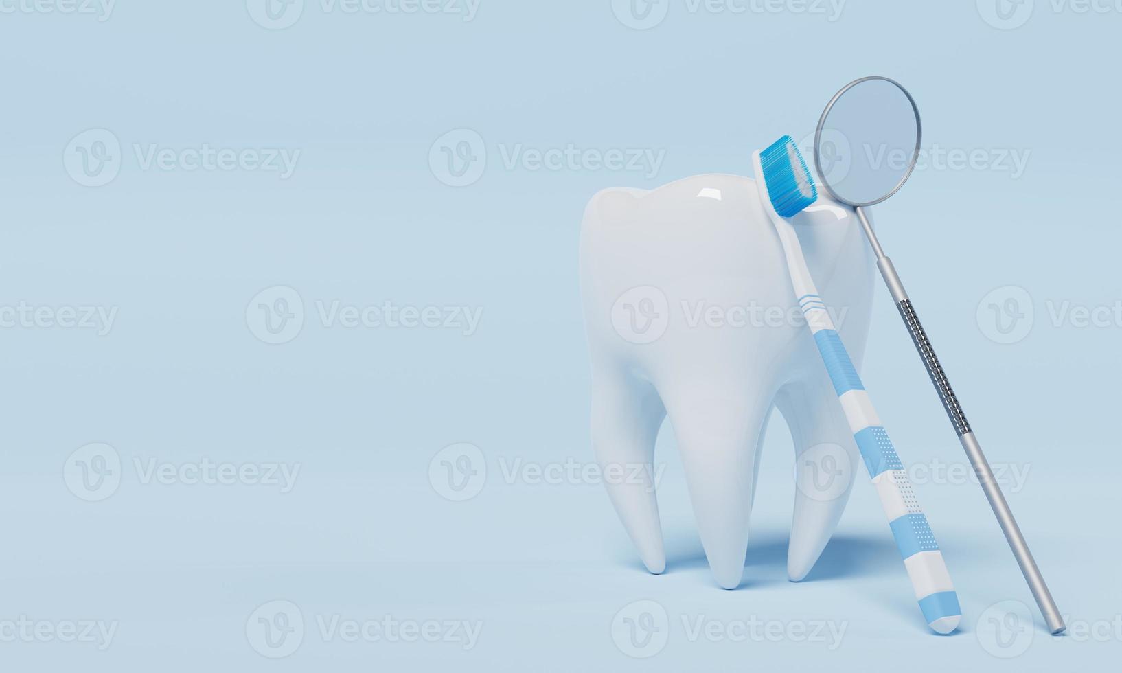 Tooth with dental inspection mirror on blue background. Dental and Health care concept. 3D illustration rendering photo