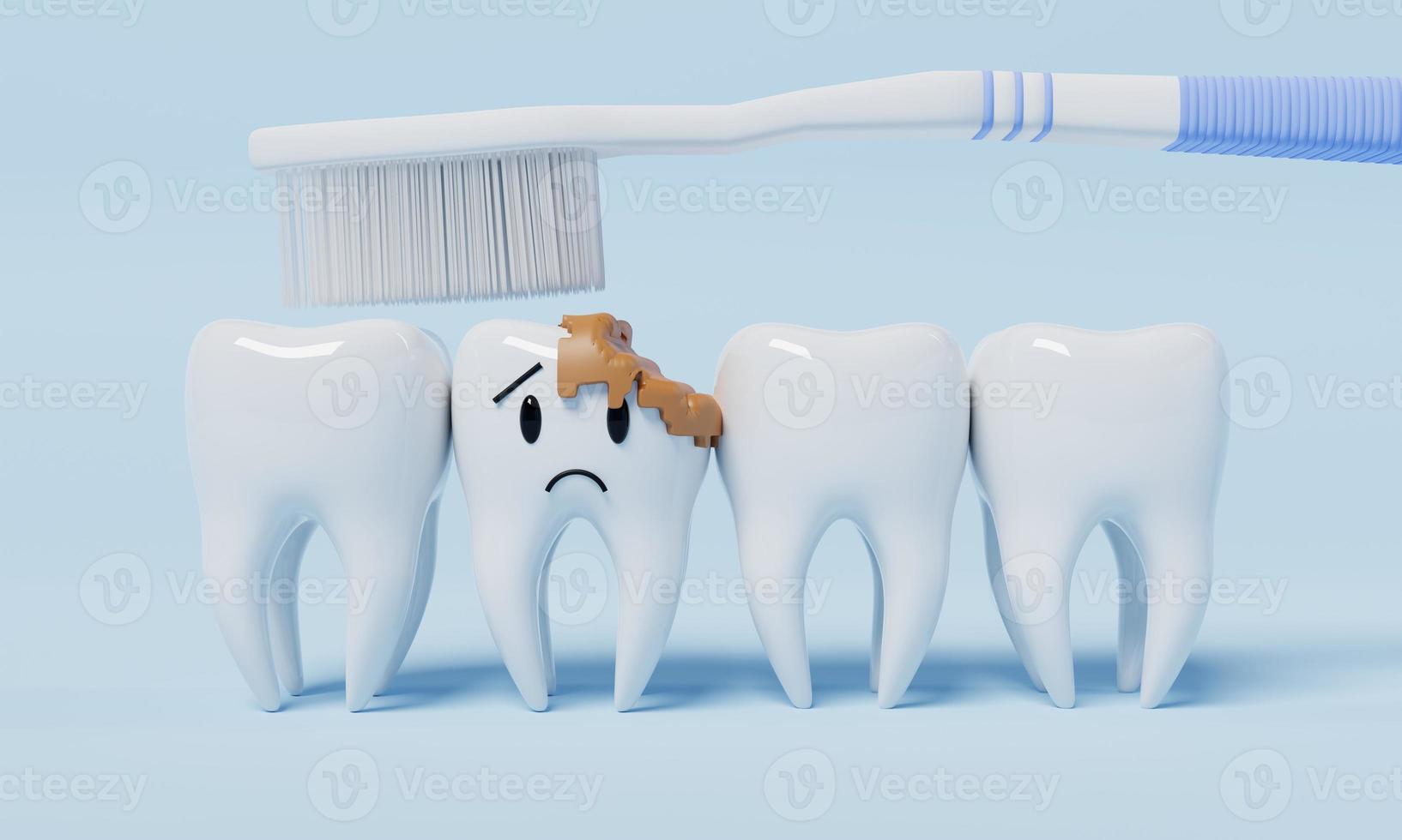 Dientes de emoción poco saludables con cepillo de dientes sobre fondo azul. concepto de atención dental y de salud. representación de ilustración 3d foto