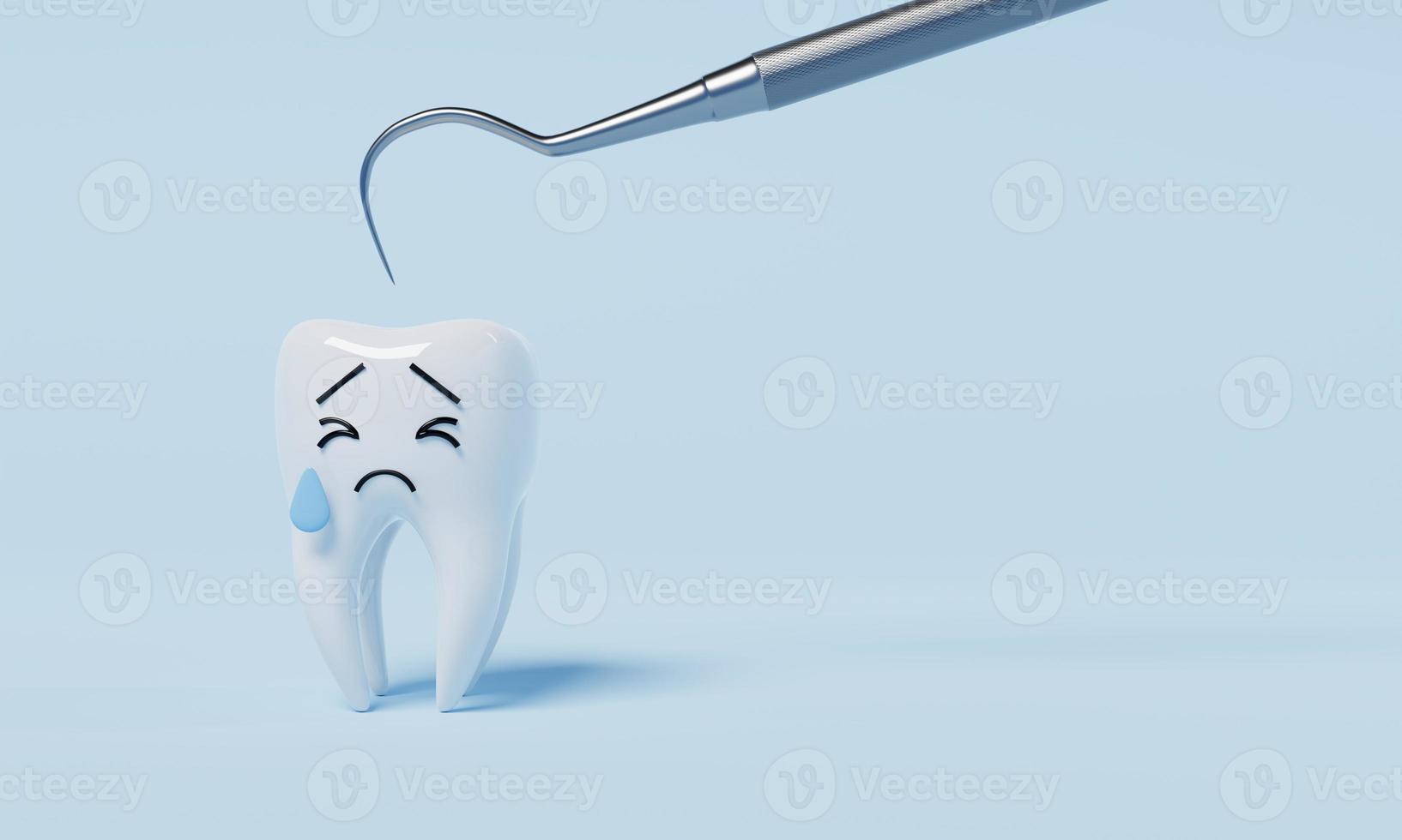 miedo dental a los ganchos de inspección dental para el control anual de la salud bucal debido a la caries dental en el fondo azul. atención médica y concepto médico. representación de ilustración 3d foto