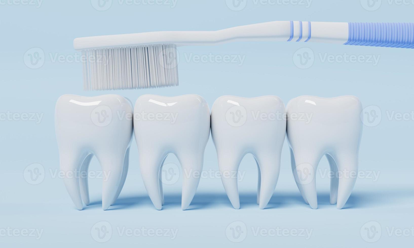 Teeth brushing by toothbrush on blue background. Health care and medical concept. 3D illustration rendering photo