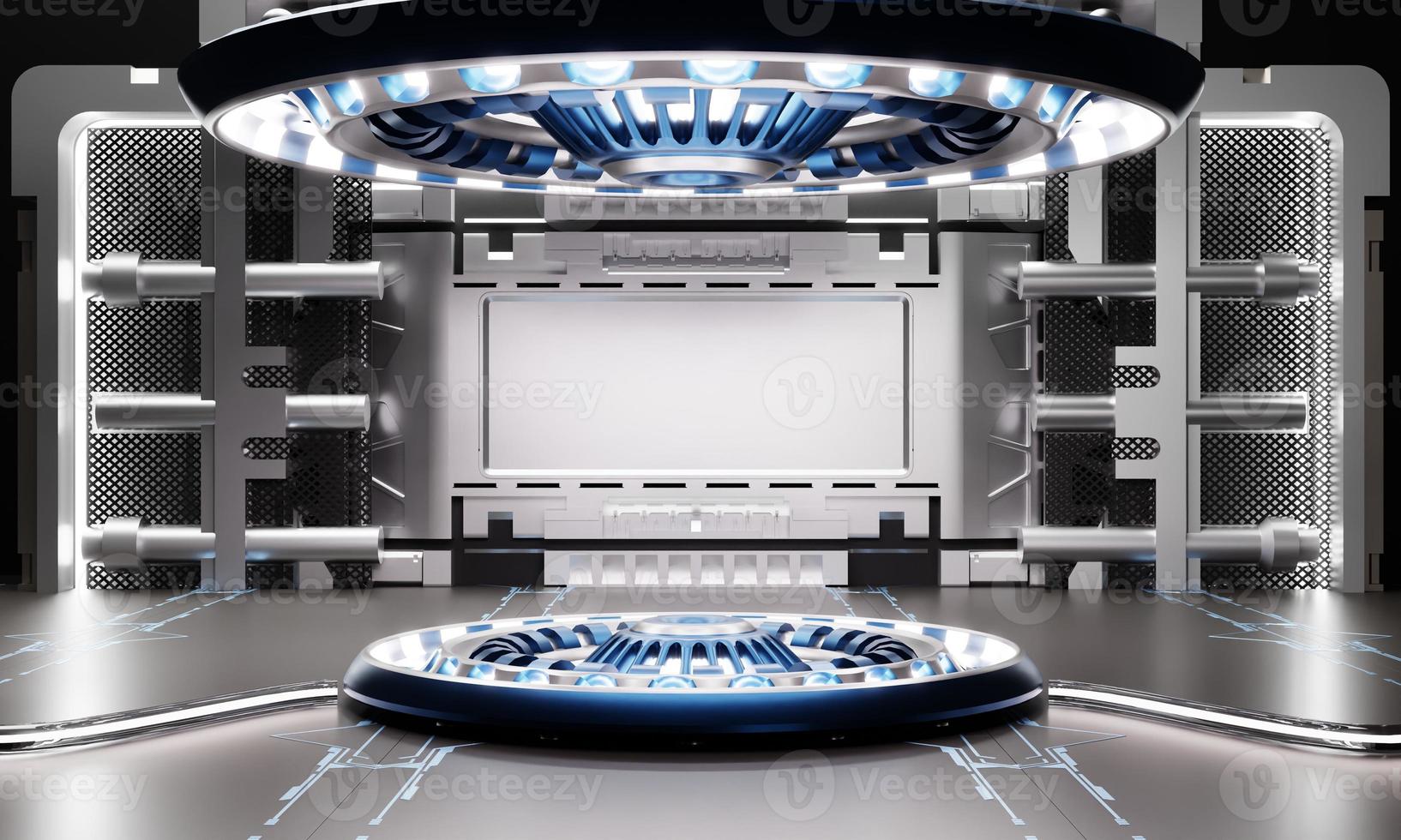 Sci-fi product podium showcase in spaceship with white and blue background. Space technology and object concept. 3D illustration rendering photo