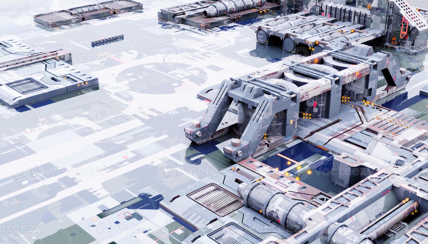 Space military base with innovative construction technology background. Sci-fi and industrial concept. 3D illustration rendering photo