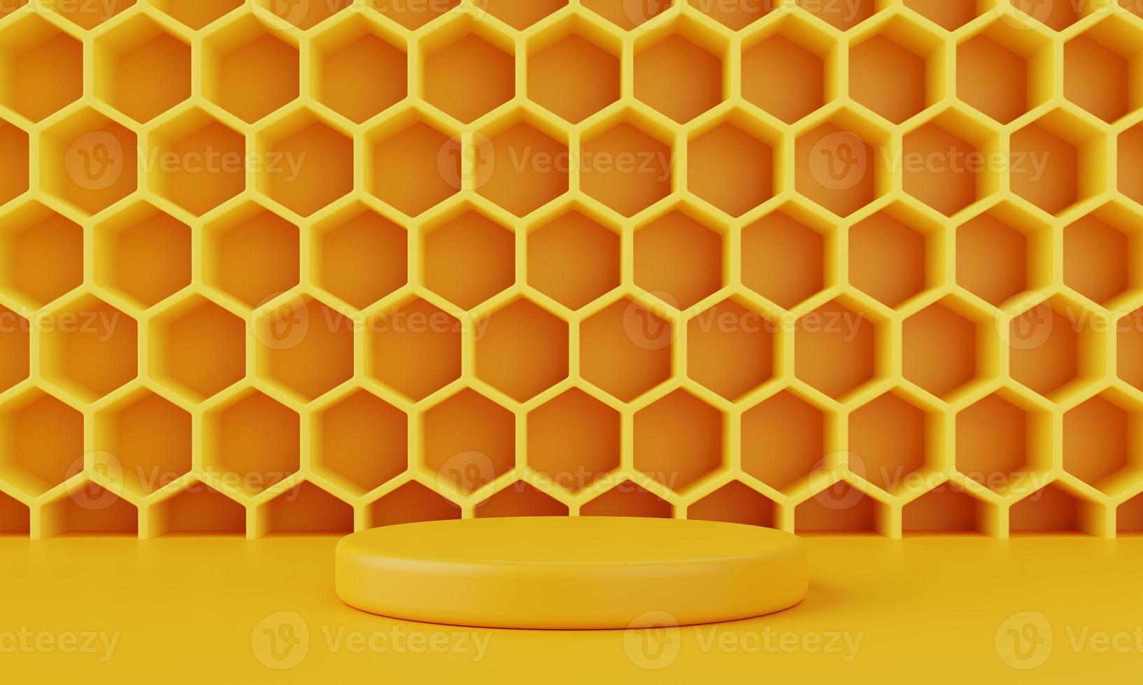 Yellow honeycomb background with minimal podium stage for advertisement. Object and abstract concept. 3D illustration rendering photo