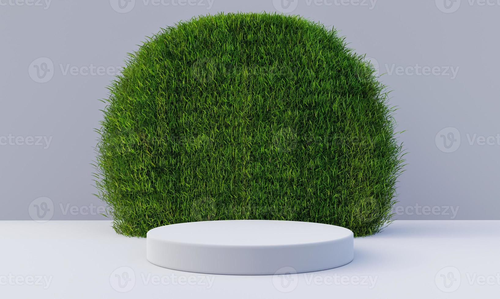 White podium with grassy circular board background. Object and Nature concept. 3D illustration rendering photo