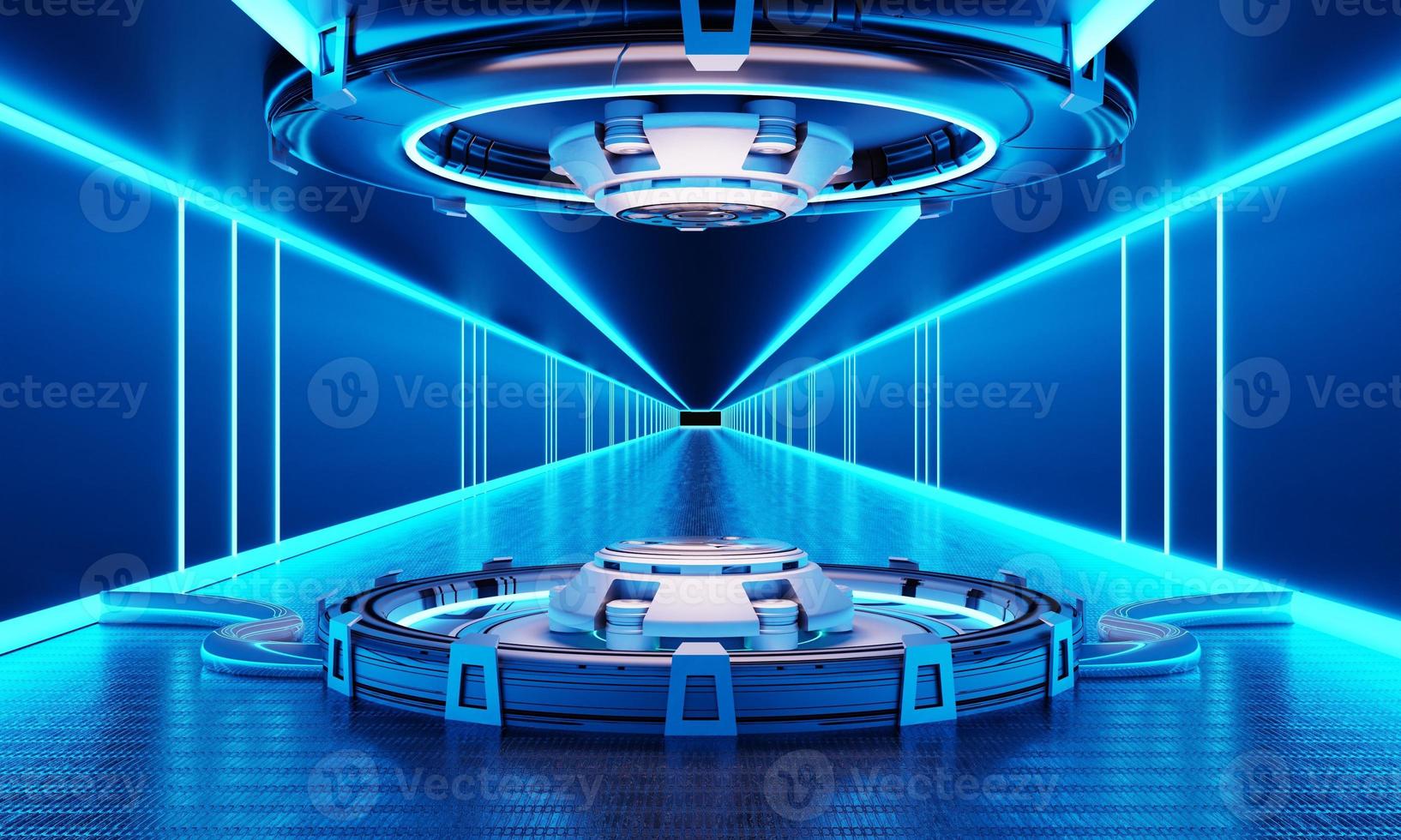 Sci-fi product podium showcase in spaceship with white and blue background. Space technology and object concept. 3D illustration rendering photo